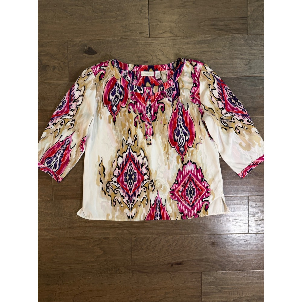 Chicos Pink Purple Ikat Print 3/4 Sleeve Blouse Top Size 2‎ Large Button Front